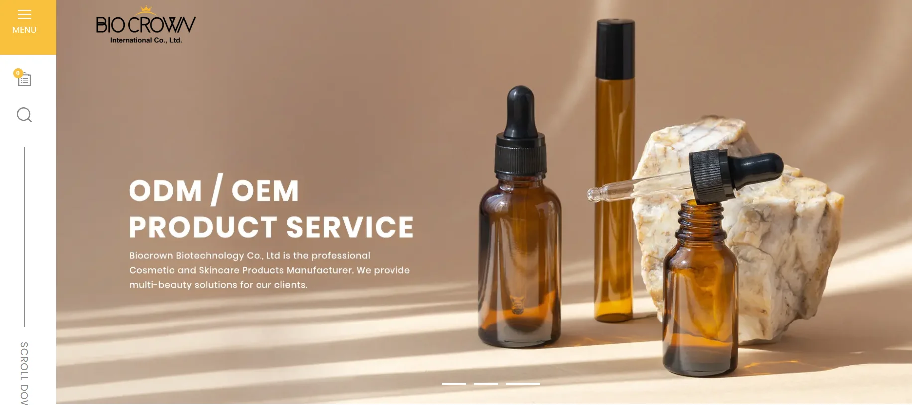 Biocrown international offering ODM/OEM cosmetic product services with amber glass bottles and a marble stone on a beige background.